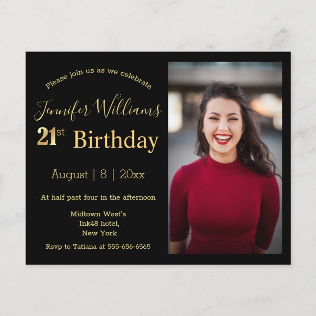  21st birthday black golden photo invitation (Front)