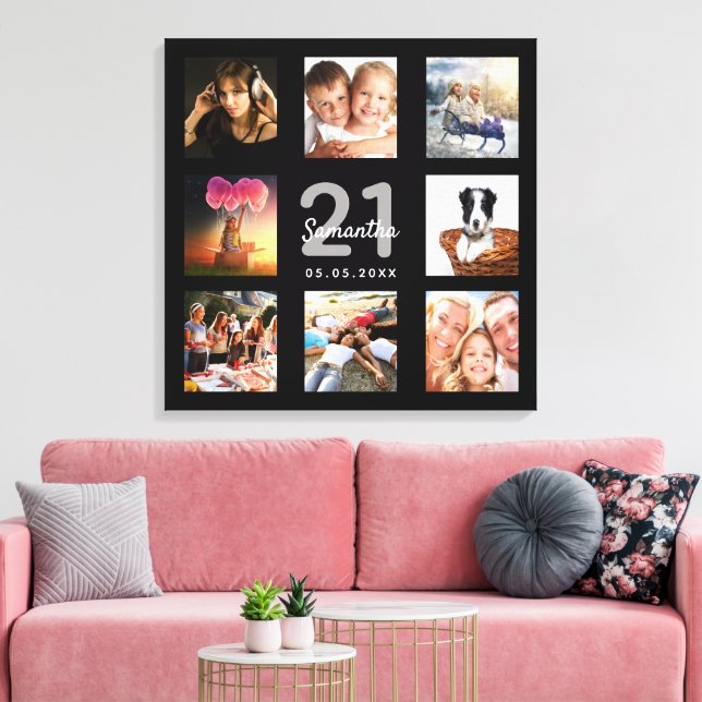 21st birthday black monogram custom photo collage canvas print (Insitu(LivingRoom))