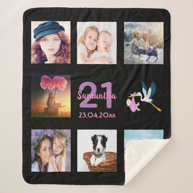 21st birthday black photo collage name sherpa blanket (Front)