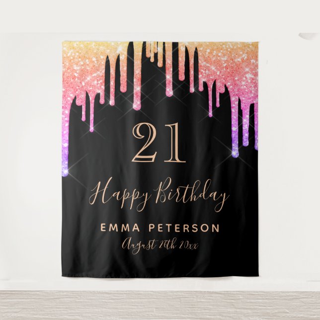 21st birthday black pink purple glitter drips tapestry (Front)