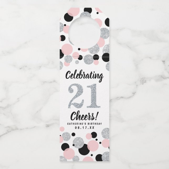 21st Birthday Black Pink Silver Glitter Confetti Bottle Tag (Front)