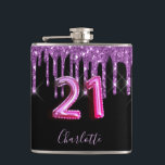 21st birthday black purple glitter script friends hip flask<br><div class="desc">A gift from friends for a girly and glamorous 21st birthday girl. A classic black background with purple faux glitter drips, paint dripping look. Personalize and add a name.The text: The name is written in violet with a modern hand lettered style script. Age 21 is written with a trendy balloon...</div>