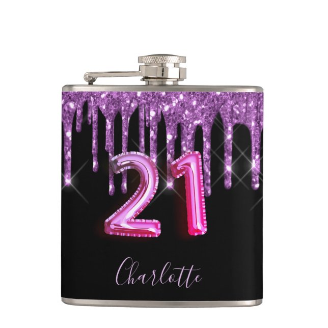 21st birthday black purple glitter script friends hip flask (Front)