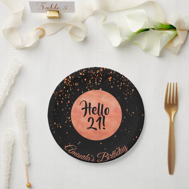 21st birthday black rose gold confetti hello 21 paper plate (Wedding)