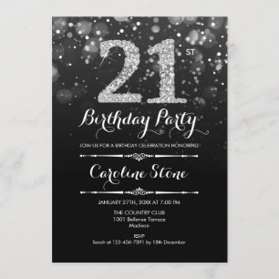 21st Birthday - Black Silver Invitation
