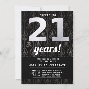 21st Birthday Black Silver Party Invitation