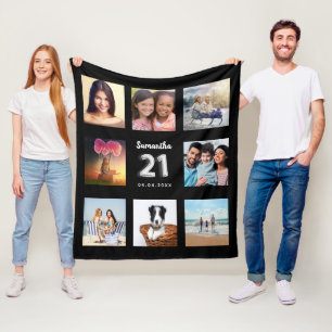 21st birthday black silver photo collage name fleece blanket