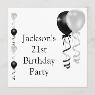 21st Birthday Black Silver White Balloons Invitation
