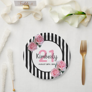 21st birthday black stripes pink florals classic paper plate