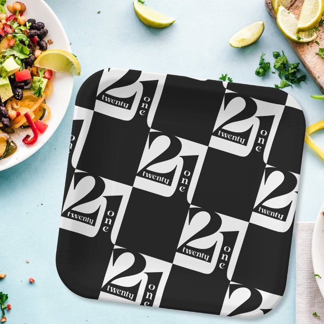 21st Birthday Black White Pattern Birthday Party Paper Plate (Creator Uploaded)