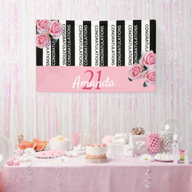 21st birthday black white stripes pink florals banner (Party)