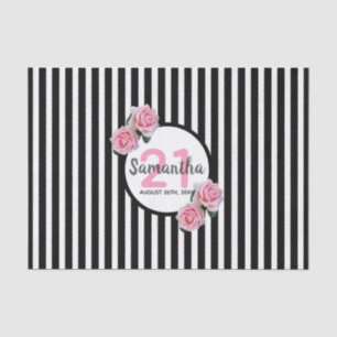 21st birthday black white stripes pink roses tissue paper