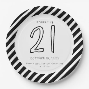 21st Birthday Black & White Stripes Simple Modern Paper Plate
