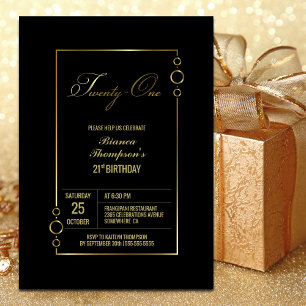 21st Birthday Black with Gold Frame Party Invitation