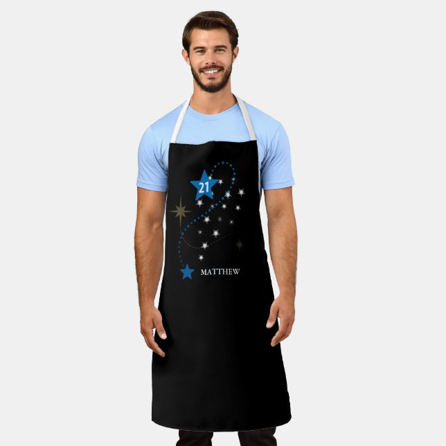21st Birthday Blue and Black Personalised Apron (Worn)