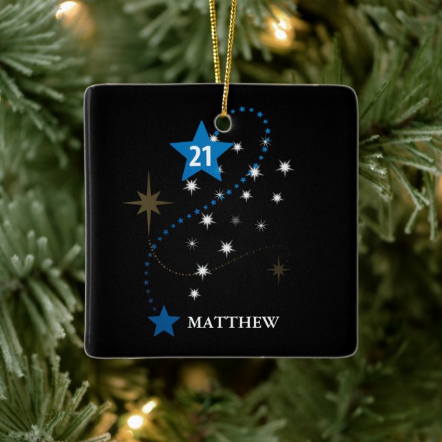 21st Birthday Blue and Black Personalised Ceramic Ornament (Tree)