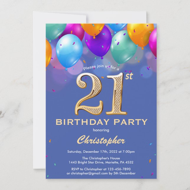 21st Birthday Blue and Gold Colourful Balloons Invitation (Front)