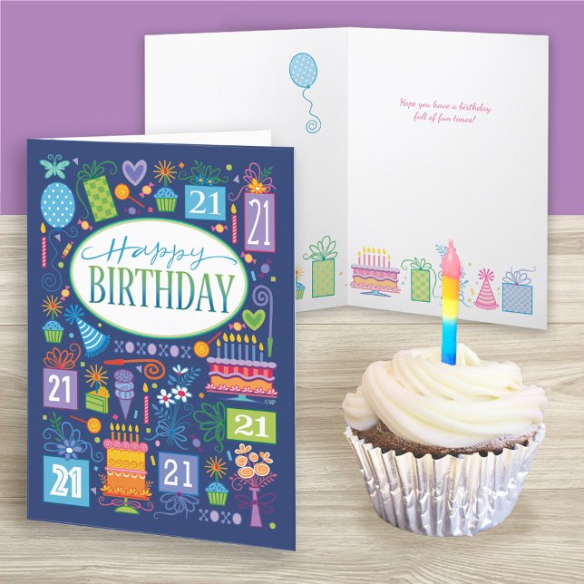 21st Birthday Blue And Pastel Icons Card (Creator Uploaded)