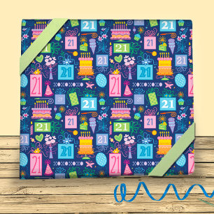 21st Birthday Blue Cake Presents Balloons  Wrapping Paper Sheet