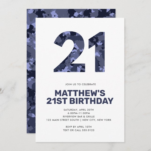 21ST Birthday, Blue Camo Personalised Invitation (Front/Back)