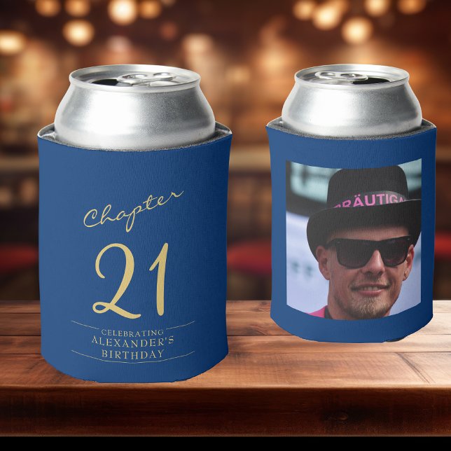 21st Birthday Blue Gold Photo Template Can Cooler (21st birthday custom can coolers in blue. Two sat on a bar top showing the front and rear. )