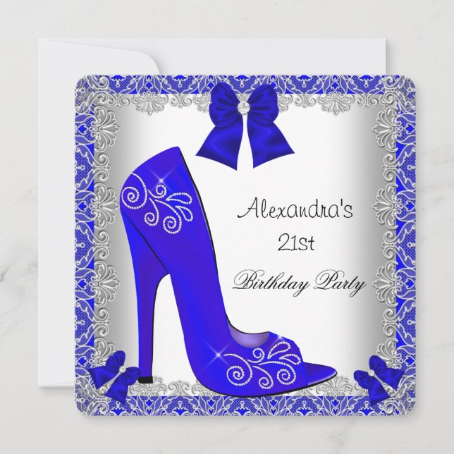 21st Birthday Blue High Heel Shoe Silver Lace Invitation (Front)