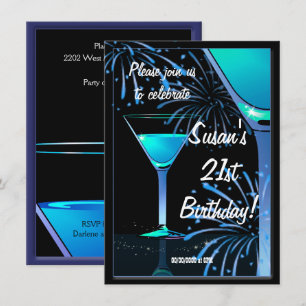 21st Birthday Blue Martini Cocktail Party Invitation