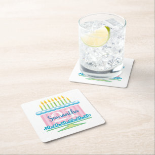 21st Birthday Blue Pink Cake Square Paper Coaster
