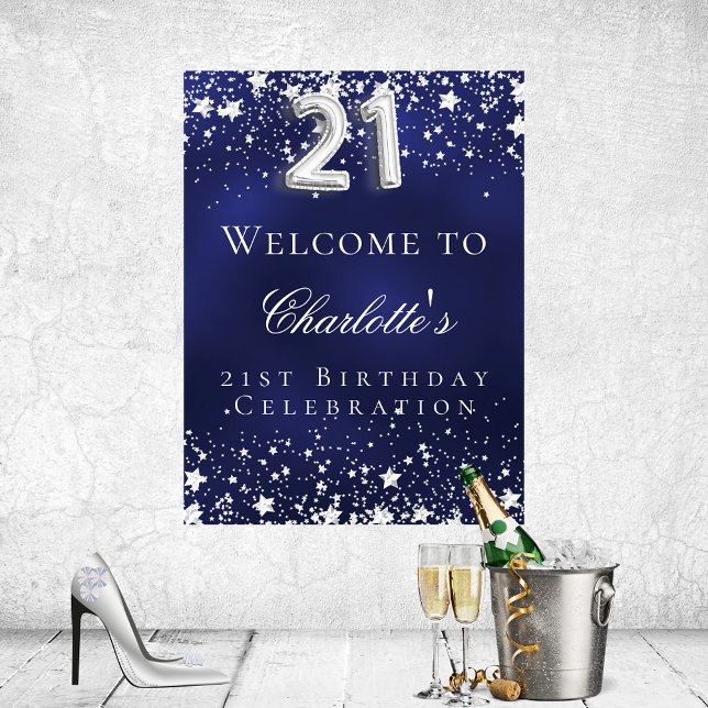 21st Birthday blue silver stars welcome party Poster (Creator Uploaded)