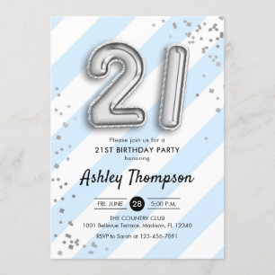 21st Birthday - Blue Stripes and Silver Balloons Invitation