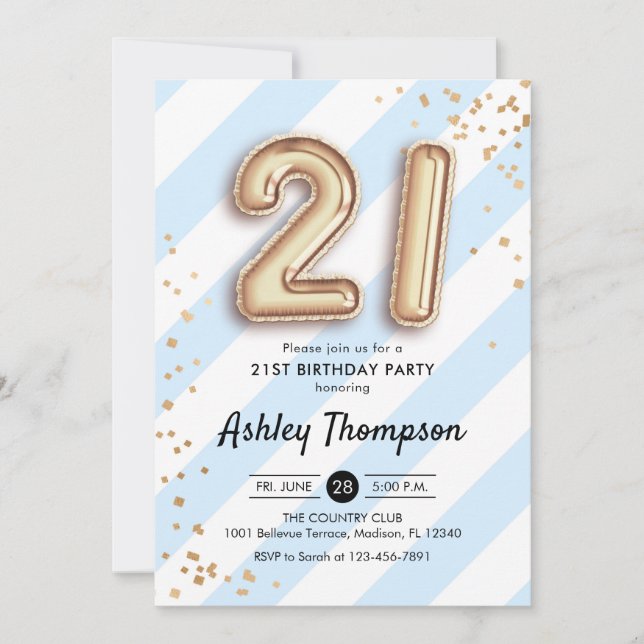 21st Birthday - Blue Stripes Gold Balloons Invitation (Front)
