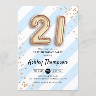 21st Birthday - Blue Stripes Gold Balloons Invitation