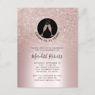 21st Birthday Blush Glitter Champagne Invitation Postcard