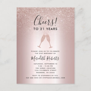 21st Birthday Blush Glitter Champagne Toast Invite Postcard