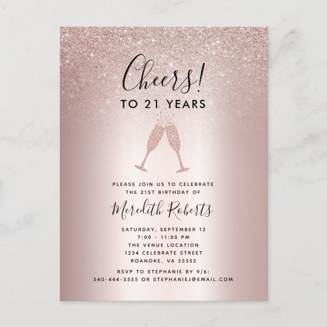 21st Birthday Blush Glitter Champagne Toast Invite Postcard (Front)