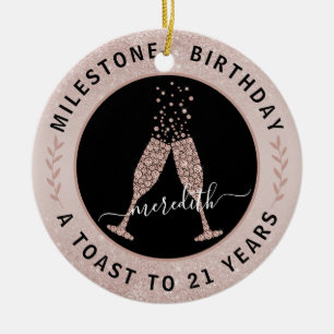  21st Birthday Blush Glitter Champagne Toast Name Ceramic Tree Decoration