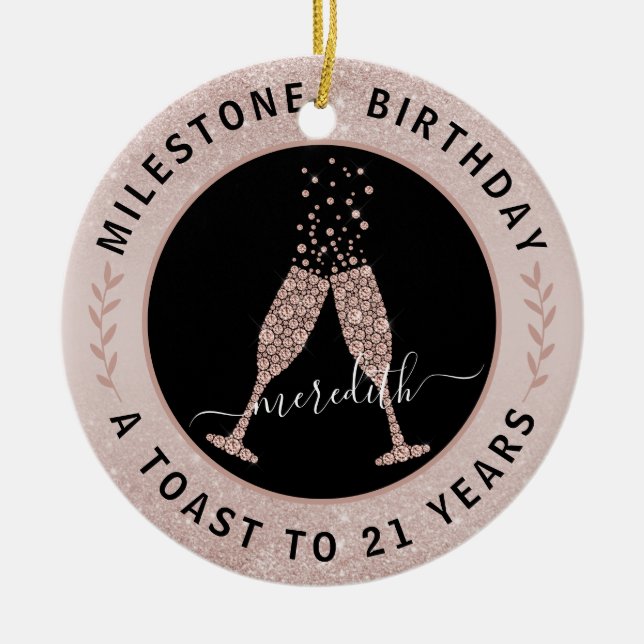 21st Birthday Blush Glitter Champagne Toast Name Ceramic Tree Decoration (Front)