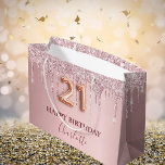 21st birthday blush pink glitter drips monogram large gift bag<br><div class="desc">Elegant, classic, glamourous and feminine for a 21st birthday party. A chic blush pink gradient background. Decorated with faux glitter drips, paint dripping look. Personalise and add a name. With the text: Happy Birthday. The name is written with a modern dark rose coloured hand lettered style script. Number 21 is...</div>