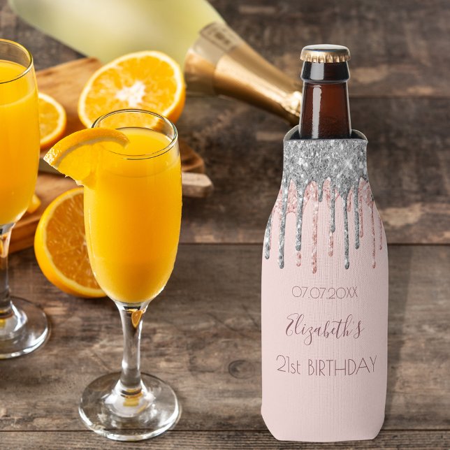 21st birthday blush pink rose gold glitter silver bottle cooler (Creator Uploaded)