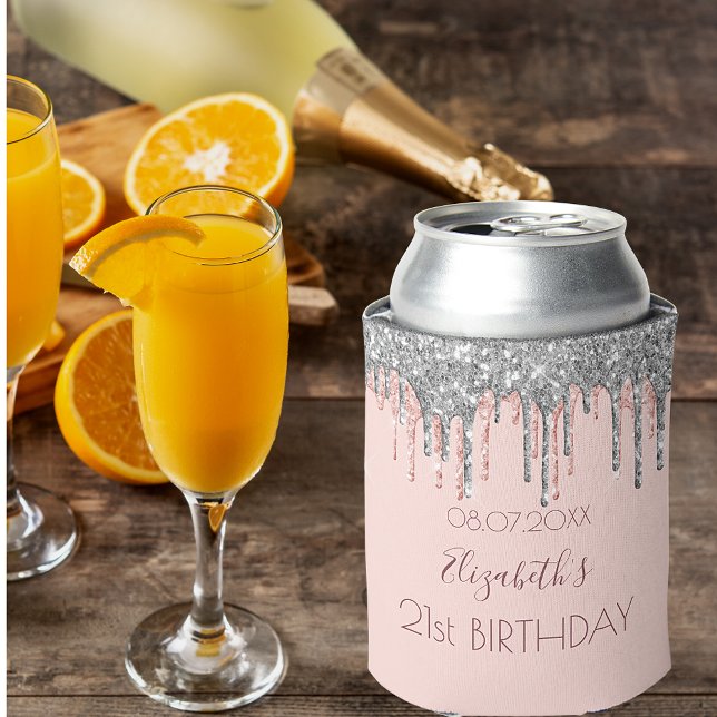 21st birthday blush pink rose gold glitter silver can cooler (Creator Uploaded)