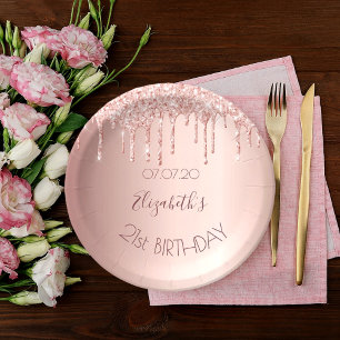 21st birthday blush rose gold glitter drips name paper plate