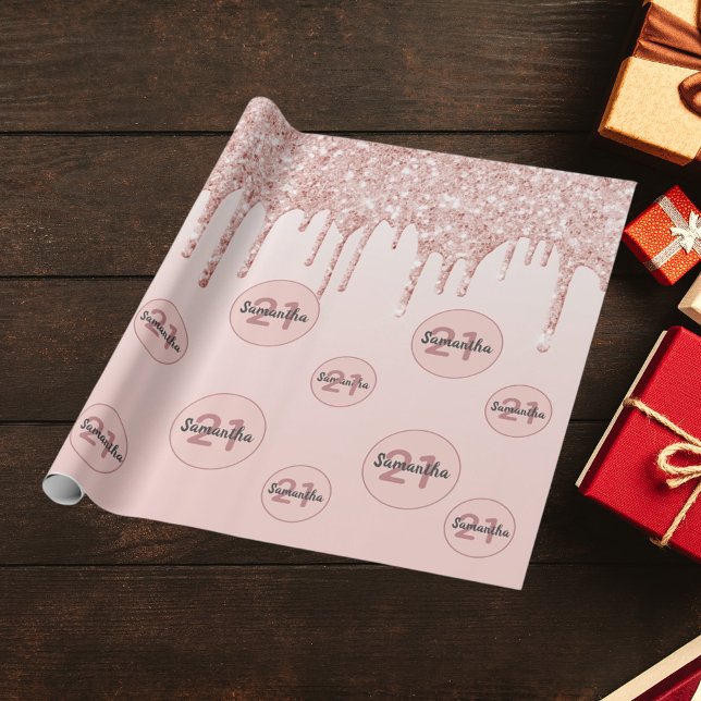 21st birthday blush rose gold glitter drips wrapping paper (Creator Uploaded)