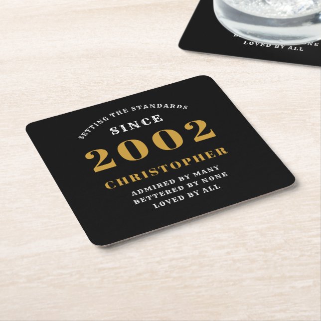 21st Birthday Born 2002 Add Name Black Gold Square Paper Coaster (Angled)