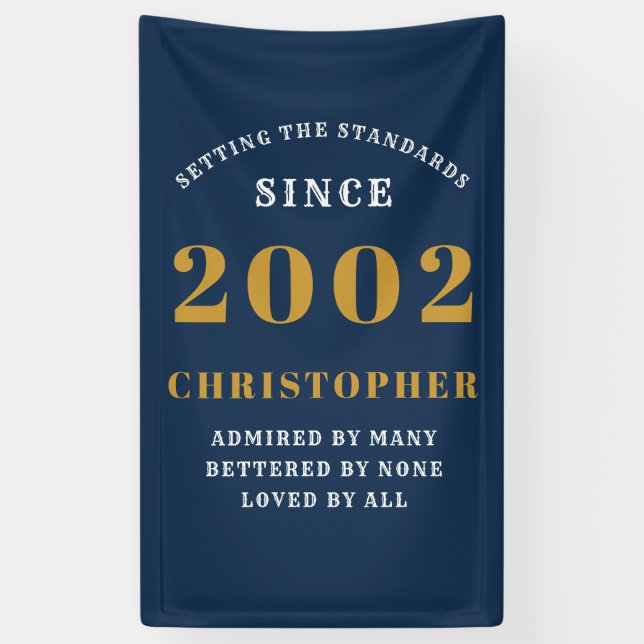 21st Birthday Born 2002 Add Name Blue Gold Banner (Vertical)