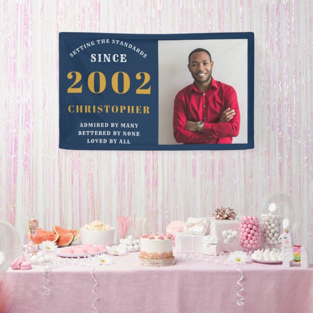 21st Birthday Born 2002 Add Name Blue Gold Photo Banner (Party)