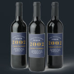 21st Birthday Born 2002 Add Name Blue Gold Wine Label<br><div class="desc">Personalized Birthday add your name and year wine label. Edit the name and year with the template provided. A wonderful custom blue birthday party accessory. More gifts and party supplies available with the "setting standards" design in the store.</div>