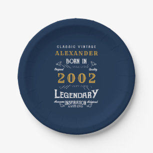 21st Birthday born 2002 Add Name Legend Blue Gold Paper Plate