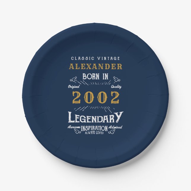 21st Birthday born 2002 Add Name Legend Blue Gold Paper Plate (Front)