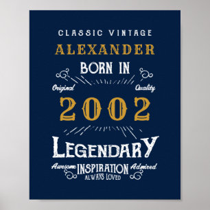 21st Birthday Born 2002 Add Name Legend Blue Gold Poster