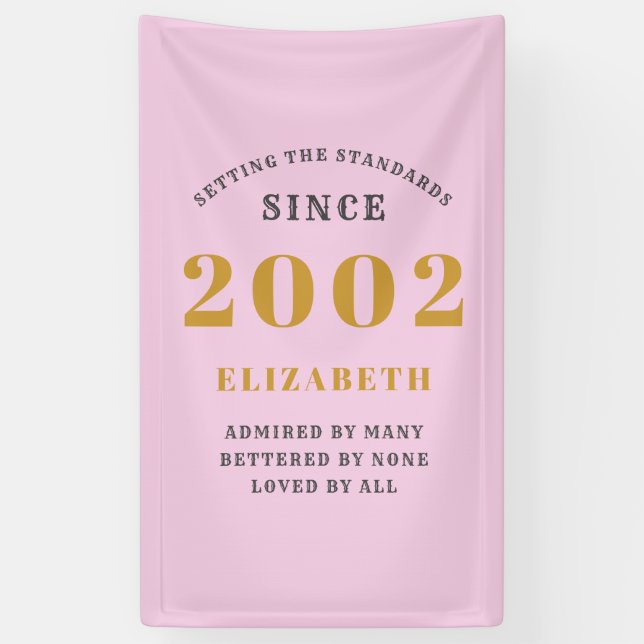 21st Birthday Born 2002 Add Name Pink Grey Banner (Vertical)